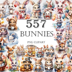 うさぎの水彩画クリップアート バンドル - 557 PNG かわいいうさぎ画像、かわいいうさぎグラフィック、インスタントデジタルダウンロード、商用利用