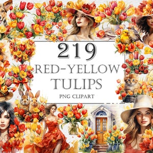 Rood-gele tulpen aquarel clipart bundel, 219 PNG tulpenbloemafbeeldingen, prachtige bloemenafbeelding, instant digitale download, commercieel gebruik