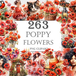 Mohnblumen Blumen Aquarell Clipart Bundle, 263 PNG Mohnblumen Bilder, schöne Blumengrafik, sofortiger digitaler Download, kommerzielle Nutzung