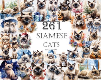 May include: A collection of 261 watercolor illustrations of Siamese cats in various poses and settings. The cats are depicted in a variety of colors, including white, cream, brown, and gray. Some cats are wearing hats, scarves, or other accessories. The illustrations are perfect for use in digital scrapbooking, card making, and other creative projects.