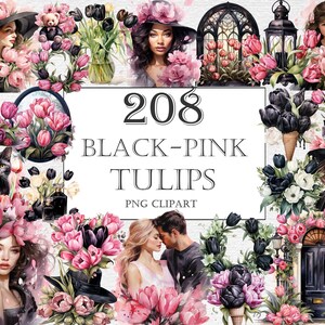Black-Pink Tulips Watercolor Clipart Bundle, 208 PNG Tulip Flower Images, Beautiful Floral Graphic, Instant Digital Download, Commercial Use
