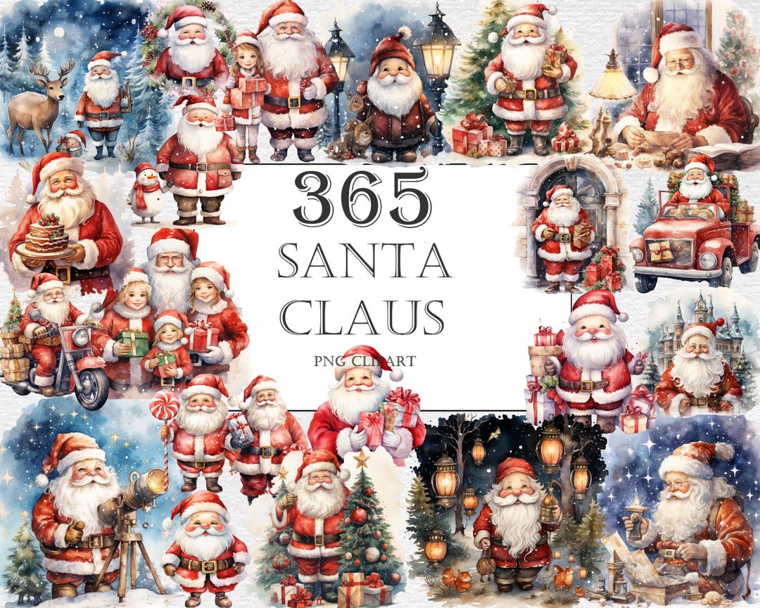 Santa Claus Watercolor Clipart Bundle - 365 PNG Santa Images, Festive ...