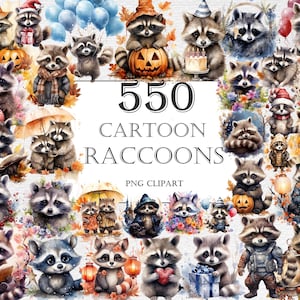Bundle de cliparts aquarelle ratons laveurs, 550 Images PNG mignon de raton laveur de forêt, graphiques de créature des bois, téléchargement numérique instantané, usage Commercial