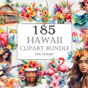 Hawaii Watercolor Clipart Bundle - 185 Tropical Island Summer Surfing, fiori, bevande, spiaggia, palme PNG, Download immediato, Aloha Hawaii