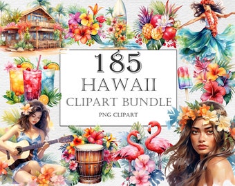 Hawaii aquarel clipart bundel - 185 tropisch eiland zomer surfen, bloemen, drankjes, strand, palmen png, instant download, Aloha Hawaii