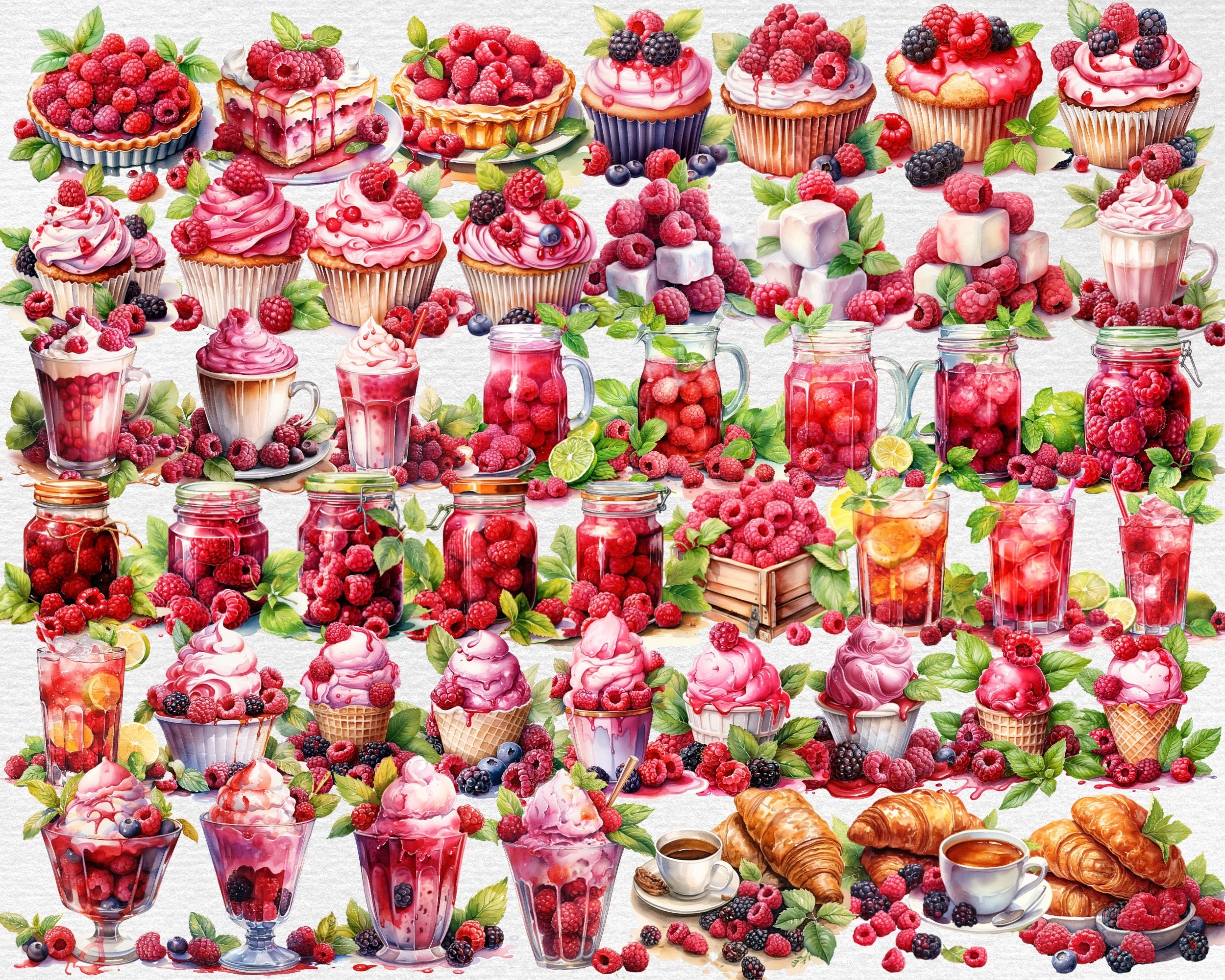 Raspberries Watercolor Clipart Bundle - 241 PNG Images of Berries Cake ...