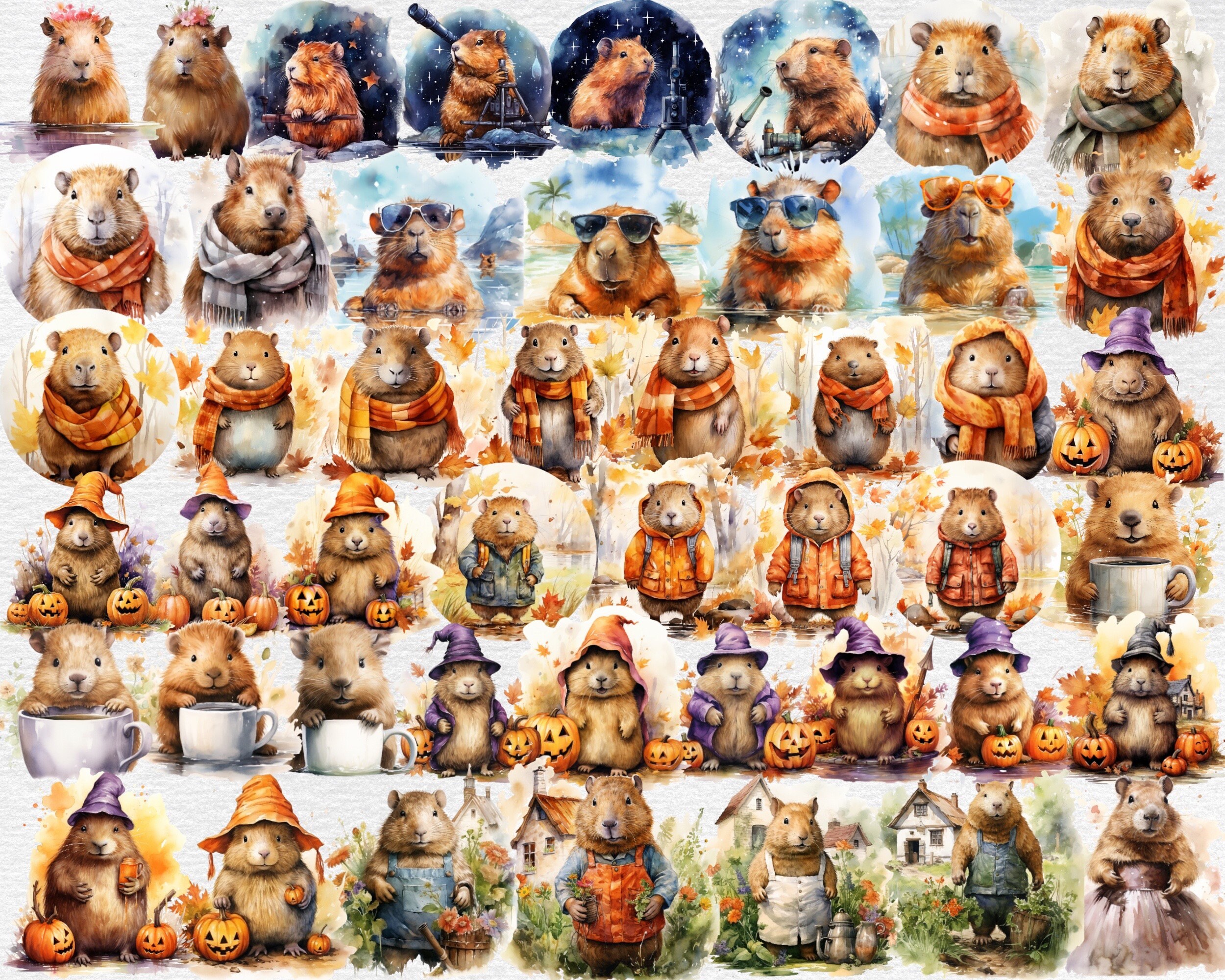 Capybara Watercolor Clipart Bundle - 294 PNG Cute Adorable Capybara ...