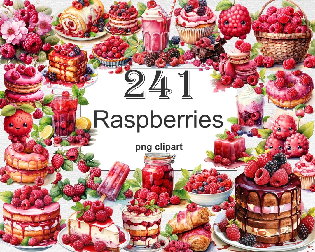 Raspberries Watercolor Clipart Bundle - 241 PNG Images of Berries Cake ...