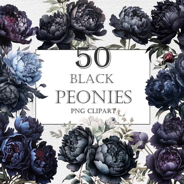 Black Peony Transparent Background, Watercolor Peonies Flower Clipart with Instant Download, Dark Gothic Peonies Clipart, Peonies Bouquets