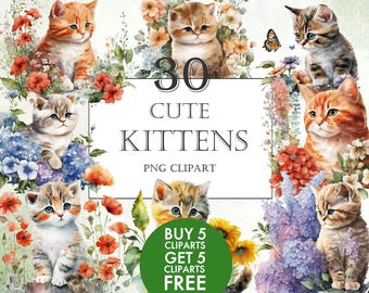 Floral Cat Clipart, Watercolour Cute Kittens Clipart, Instant Download, Fairytale Cat Clipart, Fantasy Kitten Transparent PNG, Baby Cats PNG