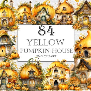 Yellow Watercolor pumpkin house clipart, 100 PNG autumn pumpkin cottage clipart, Fantasy Magical Homes, Fairy tale house, Halloween clipart