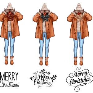 May include: Three illustrations of women wearing brown coats, blue jeans, and white knit hats. Each woman is covering her eyes with brown mittens. The text "Merry Christmas" is written in three different styles below the illustrations.