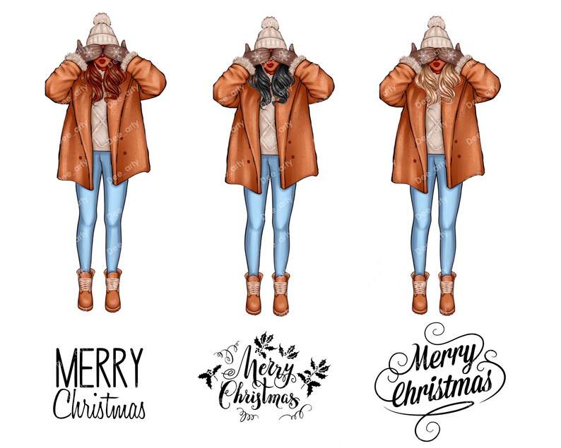 May include: Three illustrations of women wearing brown coats, blue jeans, and white knit hats. Each woman is covering her eyes with brown mittens. The text "Merry Christmas" is written in three different styles below the illustrations.