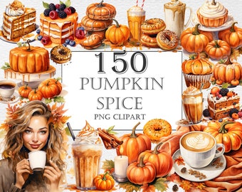 May include: A collection of 150 watercolor illustrations featuring pumpkin spice themed elements. The illustrations include pumpkins, leaves, cinnamon sticks, coffee, and desserts. The text "150 Pumpkin Spice PNG Clipart" is displayed in the center of the image.