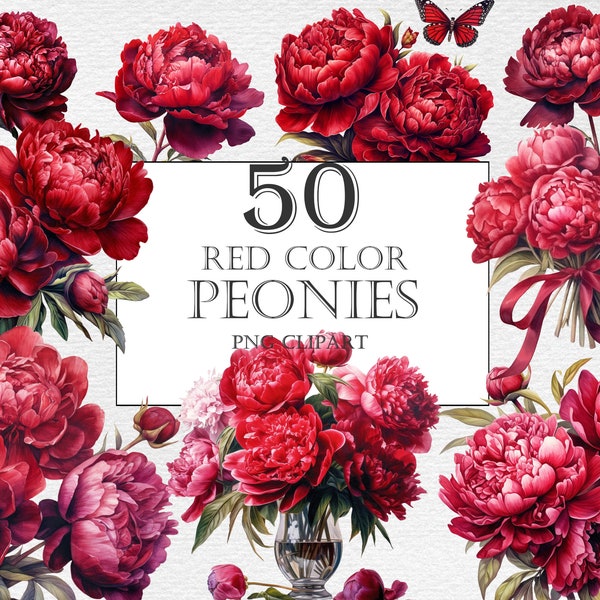 Beautiful watercolor red color peonies clipart png, Realistic peony bouquet clipart set, Watercolor flowers png, Card Making, Scrapbooking