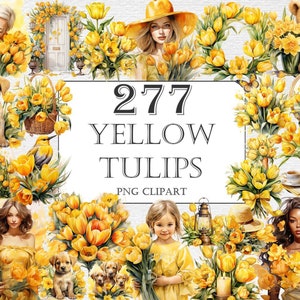 Yellow Tulips Watercolor Clipart Bundle, 277 PNG Tulip Flower Images, Beautiful Floral Graphics, Instant Digital Download, Commercial Use