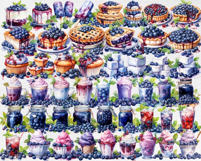 Blueberries Watercolor Clipart Bundle - 257 PNG Images of Refreshing ...