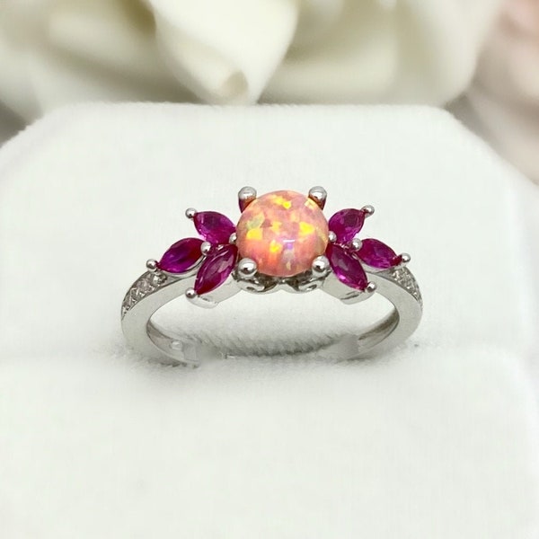 Round Pink Opal Marquise Ruby Round Simulated Diamond Leaf Art Deco Sterling Silver Promise Engagement Wedding Pink Opal Ring