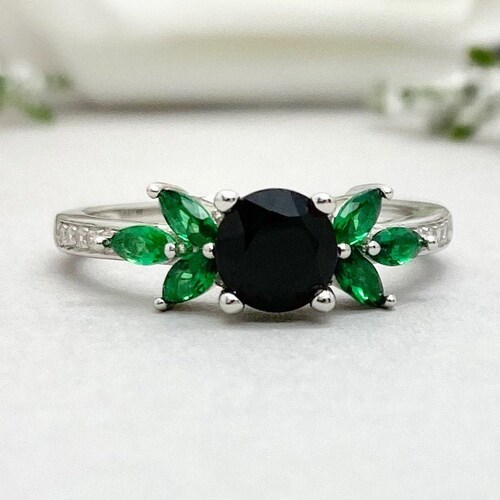 Round Black Onyx Ring Emerald Marquise Sterling Silver Ring Round Black Onyx Simulated Diamond Engagement Ring Women's Promise Ring