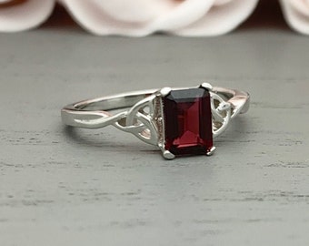 Emerald Cut Garnet Celtic Ring Sterling Silver Celtic Garnet Engagement Ring Red Garnet Promise Wedding Ring