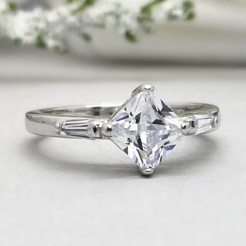Princess Cut Simulated Diamond Ring Three Stone Ring Princess Cut hot Engagement Ring Sterling Silver Past Present Future Wedding Ring