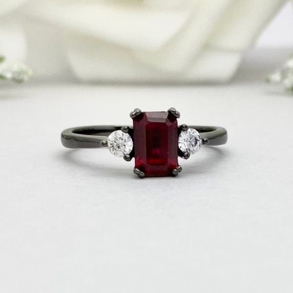 Emerald Cut Red Ruby Three Stone Ring Black Rhodium Lab Red Ruby Sterling Silver Engagement Ring Simulated Diamond Promise Wedding Ring