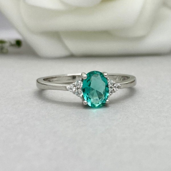 Oval Blue Paraiba Tourmaline Engagement Ring Lab Paraiba Tourmaline Ring Simulated Diamond Art Deco Sterling Silver Dainty Wedding Ring