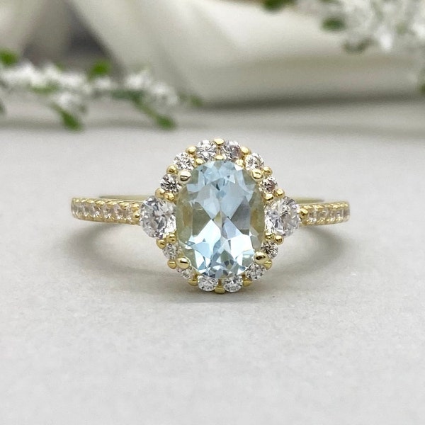 Yellow Gold Oval Aquamarine Engagement Ring Simulated Diamond Aquamarine Ring Gold Wedding Ring Halo Art Deco Ring Sterling Silver Ring