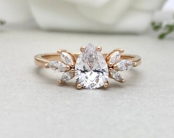 Rose Gold Art Deco Pear Shape Simulated Diamond Leaf Floral Ring Teardrop Marquise Sterling Silver Promise Engagement Wedding Ring