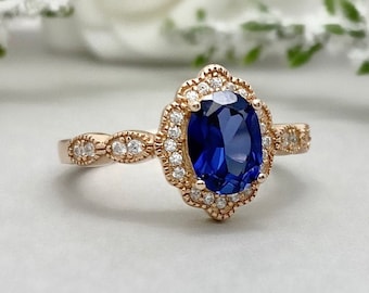Rose Gold Oval Blue Sapphire Engagement Ring Blue Sapphire Ring Simulated Diamond Halo Art Deco Ring Sterling Silver Ring Womens Ring