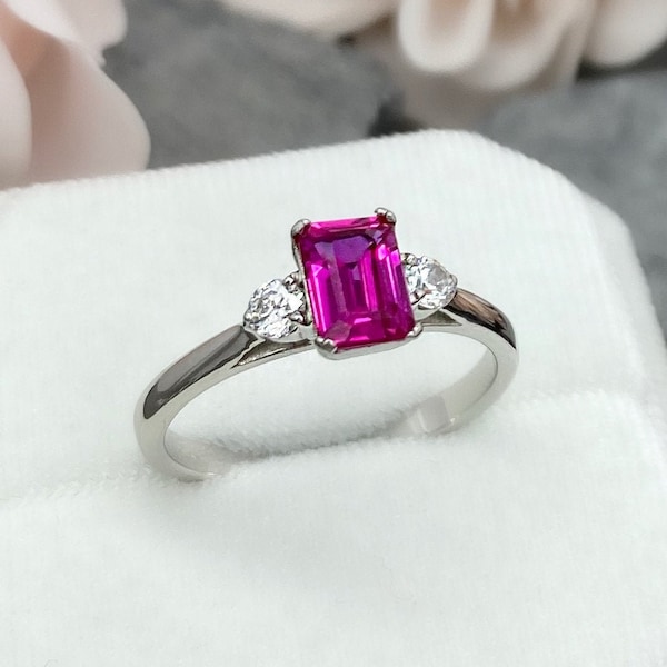 Emerald Cut 1.00Ct Hot Pink Sapphire Three Stone Round Simulated Diamond Sterling Silver Engagement Wedding Ring