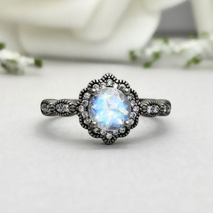 Round Moonstone Black Rhodium Art Deco Ring Floral Simulated Diamond Rainbow Moonstone Ring Sterling Silver Halo Engagement Wedding Ring