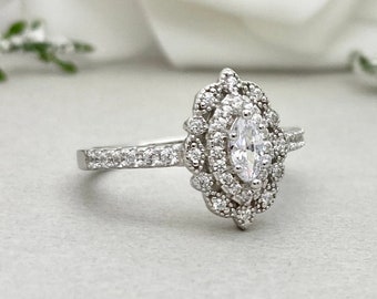 Marquise Simulated Diamond Halo Art Deco Engagement Ring Marquise Double Halo Sterling Silver Promise Wedding Ring