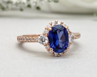 Blue Sapphire Rose Gold Engagement Ring Oval Blue Sapphire Round Simulated Diamond Halo Art Deco Ring Sterling Silver Wedding Ring