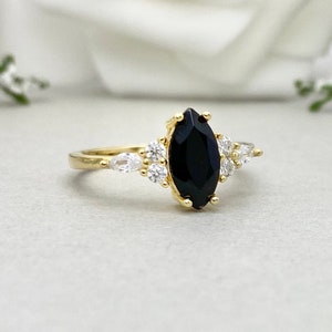 Gold Marquise Black Onyx Art Deco Wedding Ring Marquise And Round Simulated Diamond Engagement Ring Sterling Silver Promise Ring