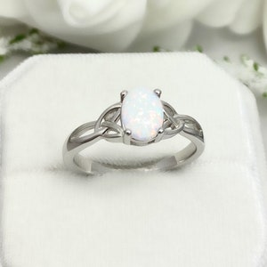 Oval White Fire Opal Celtic Ring Sterling Silver Celtic Lab White Opal Engagement Ring Opal Celtic Promise Wedding Ring