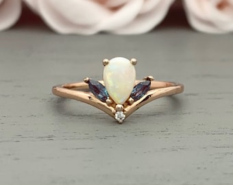 Rose Gold Pear Shape Australian White Fire Opal Ring Marquise Alexandrite Diamond Art Deco Chevron Sterling Silver Engagement Wedding Ring