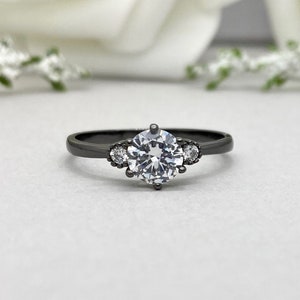 Black Rhodium Round Simulated Diamond Engagement Ring Three Stone Round Simulated Diamond Sterling Silver Art Deco Wedding Promise Ring