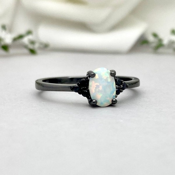 Black Rhodium Oval White Fire Opal Ring Round Black Onyx Sterling Silver Engagement Ring Art Deco Lab White Fire Opal Promise Wedding Ring