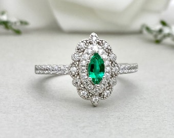 Marquise Colombian Emerald Simulated Diamond Halo Art Deco Engagement Ring Lab Emerald Double Halo Sterling Silver Promise Wedding Ring