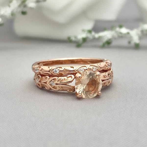 Rose Gold Round Peach Morganite Engagement Ring Set Lab Morganite 2PC Heart Band Ring Set Simulated Diamond Art Deco Sterling Silver Ring