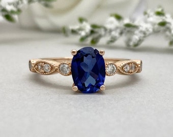 Oval Blue Sapphire Rose Gold Ring Round Simulated Diamond Lab Blue Sapphire Art Deco Sterling Silver Engagement Wedding Ring