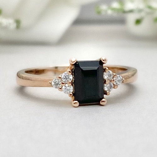 14K Solid Yellow Gold Emerald Cut 1.00ct Black Onyx Round - Etsy