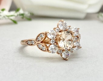 Rose Gold Round Peach Morganite Simulated Diamond Flower Ring Sterling Silver Engagement Wedding Ring Women's Halo Floral Leaf Promise Ring