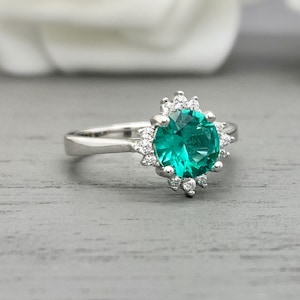 Round Paraiba Tourmaline Halo Art Deco Engagement Ring Round Simulated Diamond Sterling Silver Lab Tourmaline Wedding Promise Ring