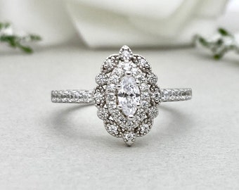 14K Solid White Gold Marquise Simulated Diamond Halo Art Deco Engagement Ring Marquise Double Halo Promise Wedding Ring