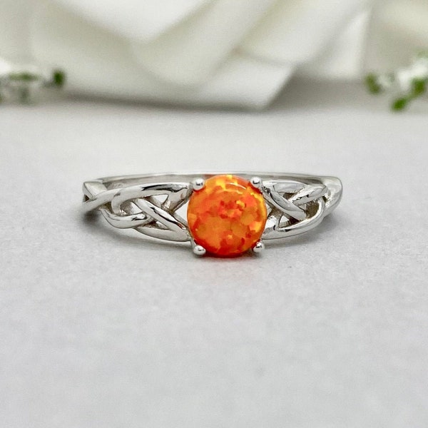 Round Orange Opal Celtic Ring Sterling Silver Lab Orange Fire Opal Celtic Engagement Ring Round Orange Opal Promise Wedding Ring