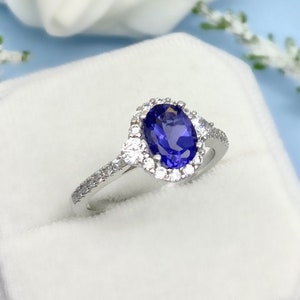 14K Solid White Gold Oval Tanzanite Engagement Ring Oval Lab Blue Tanzanite Round Simulated Diamond Halo Art Deco Ring Wedding Ring