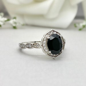 Oval Black Onyx Engagement Ring Natural Black Onyx Wedding Ring Simulated Diamond Halo Art Deco Ring Sterling Silver Ring Womens Ring