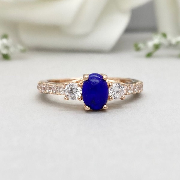 Rose Gold Oval Blue Lapis Engagement Ring Sterling Silver Lapiz Lazuli Ring Simulated Diamond Art Deco Ring Peridot Promise Wedding Ring